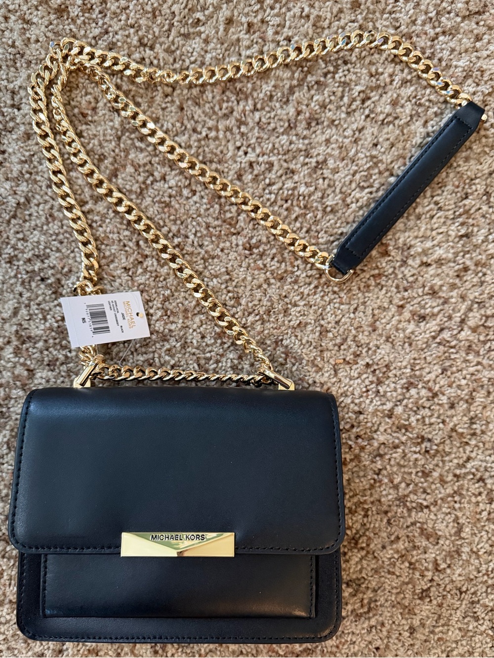 Michael Kors Black Leather Crossbody with Gold Chain